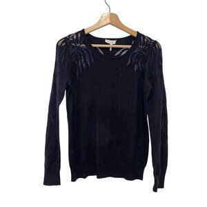 Sandro Blue  Sheer Leaf Long Sleeve Knit Pullover Sweater Women's Size Lage